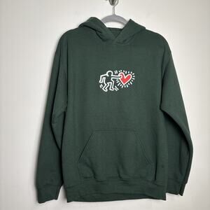 Keith Haring Hoodie Sweatshirt Size Medium Green Streetwear Art to Wear Collage